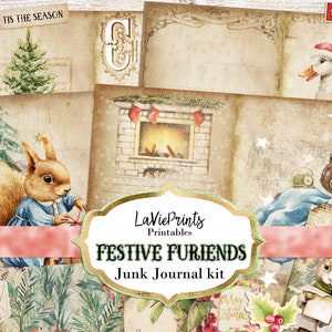 Christmas Animals Junk Journal Kit, Printable festive journal, Digital junk Journal kit, Printable ephemera Paper Collage Sheets, winter