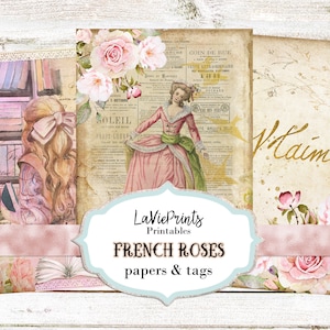 Pages imprimables Junk Journal | Scrapbooking Papiers Anciens | Feuilles de collage | papiers roses vintage | Papier français à l&#39;ancienne | Balises françaises