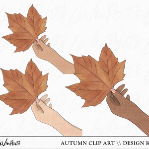May include: Two hands holding brown maple leaves. The leaves have a watercolor effect and are a light brown color. The hands are both holding the leaves in a similar way, with the fingers curled around the stem.