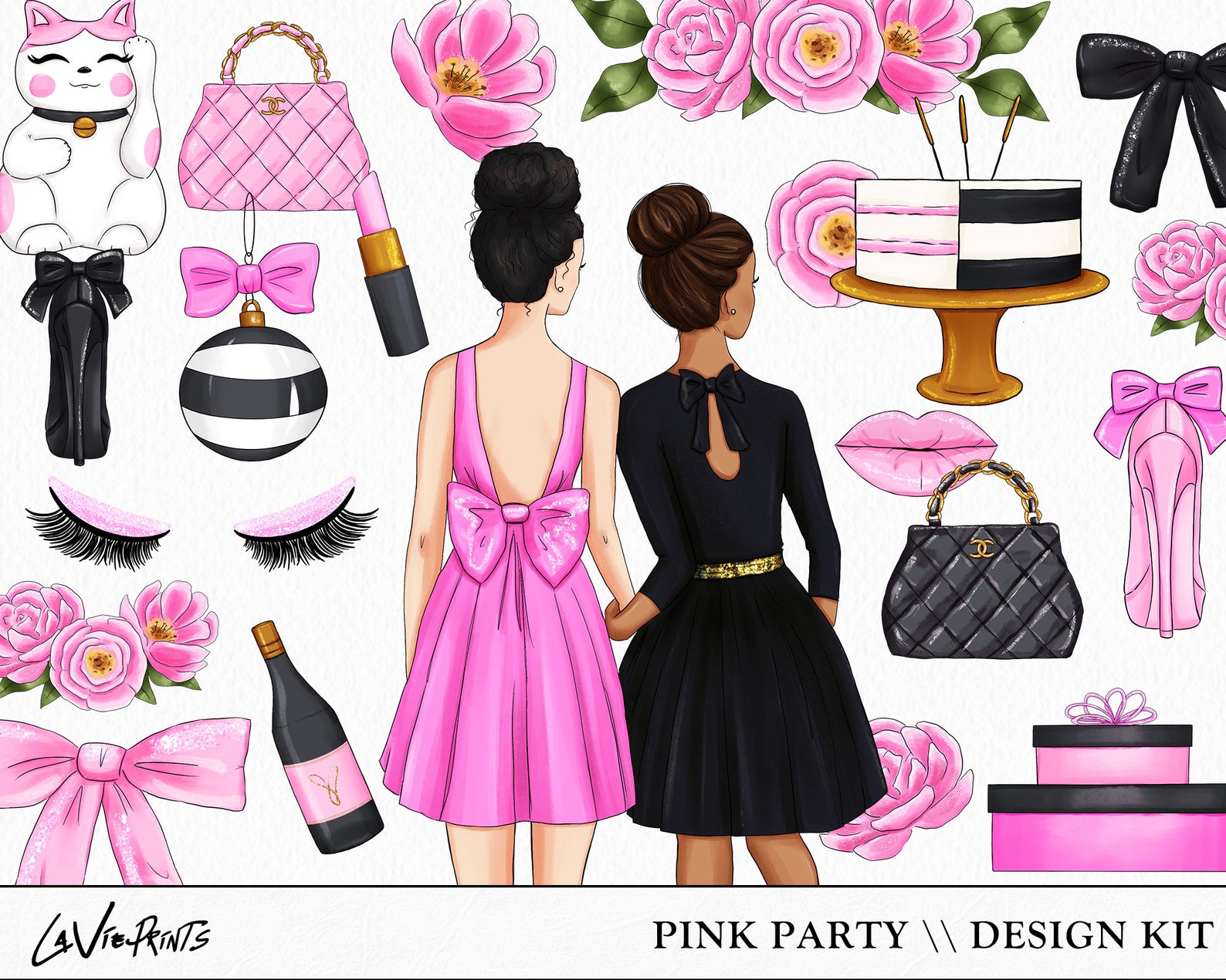 Pink Party Clipart Fashion Illustrations Celebration - Etsy