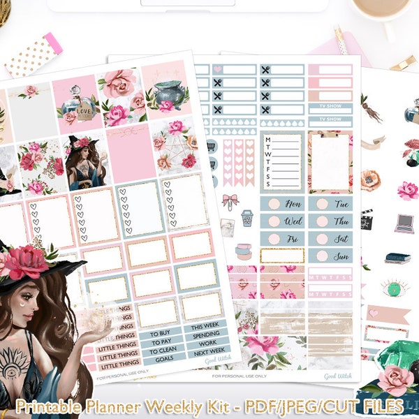 Good Witch Printable Planner Weekly kit Stickers - Floral Weekly Kit Erin Condren Planner Stickers Cutlines/TN/ magical planner stickers