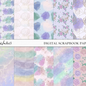 Mermaid Digital Scrapbook Paper, Bajo la mano del mar Dibujado, Papel de patrón de mar azul, papel digital planificador, Uso comercial