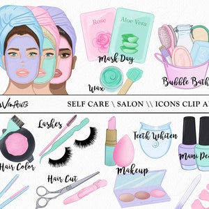 May include: A set of colorful illustrations of self-care and salon icons. The icons include a face mask, lashes, hair color, hair cut, makeup, teeth whitening, mani pedi, bubble bath, and more. The icons are perfect for use in digital products, social media, or print.