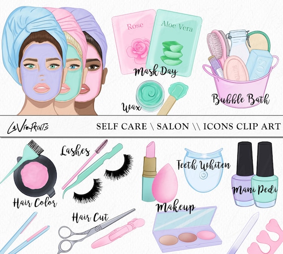 Self Care Beauty Clipart, Salon Beauty Illustrations, Fashion Girl Hand Drawn, 53 Individual PNG items, Spa Time Lashes Brows mani pedi art