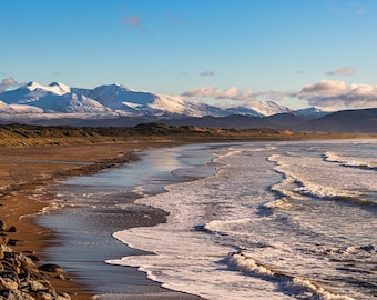 Inch Beach Dingle Co Kerry + Magillicuddy Reeks mountains in snow