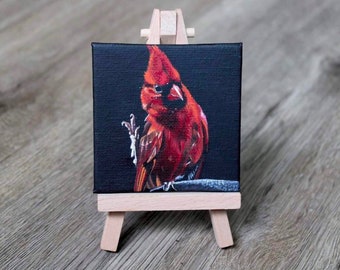 Mini Cardinal Painting with Easel, 3x3 Acrylic Painting, Cardinal Painting, Easel Included