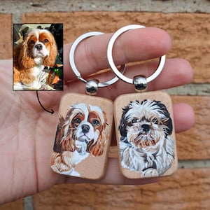 Hand-Painted Wooden Pet Keychain, Custom Portrait on Wood, Personalized Dog or Cat Gift Accessory