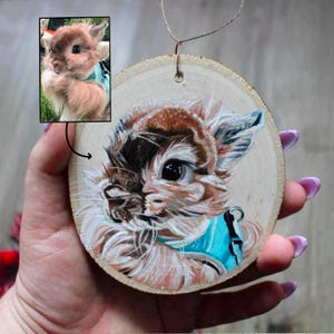 Custom Rustic Pet Portrait Ornament, 4x4” Live Edge Wood Slice with Twine, Hand Painted from Photo