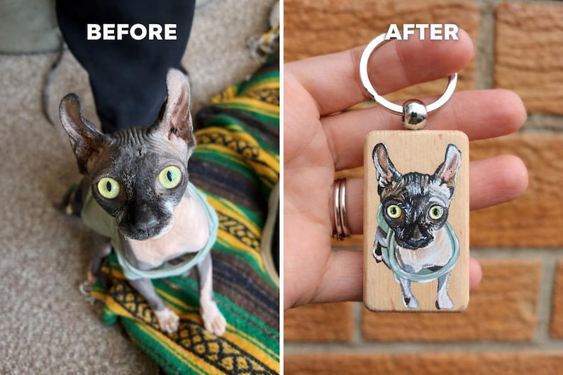 Hand-Painted Wooden Pet Keychain, Custom Portrait on Wood, Personalized Dog or Cat Gift Accessory zdjęcie 2