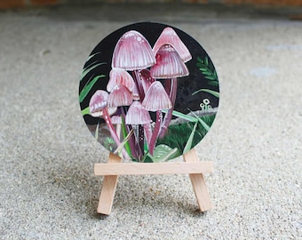Hand-Painted Mushroom Mini Art, Round Wood Painting with Easel