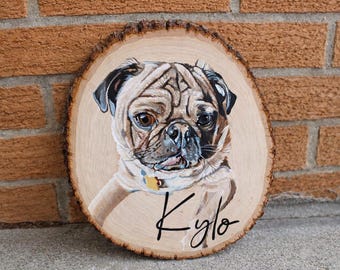 Custom Pet Portrait on Round Live Edge Wood Slice, Hand-Painted from Photo, Dog, Cat, Pet Gift, Personalized Art, Pet Memorial Painting