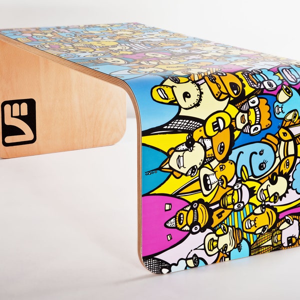 Illuskate Table - Side table, Coffee Table, Console or bench, a truely flexible bit of skateboard inspired furniture. ( Art by Kev Munday)