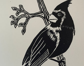 Linoleum Block Print of a Cardinal