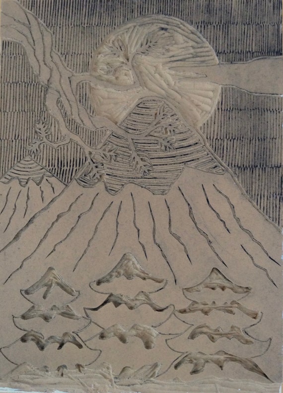 Handmade Original, Linoleum Block Print, Mountain Landscape 