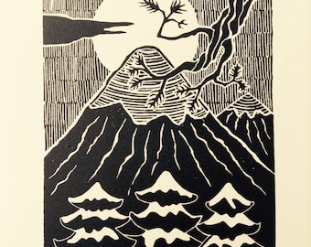 Handmade Original, Linoleum Block Print, Mountain Landscape