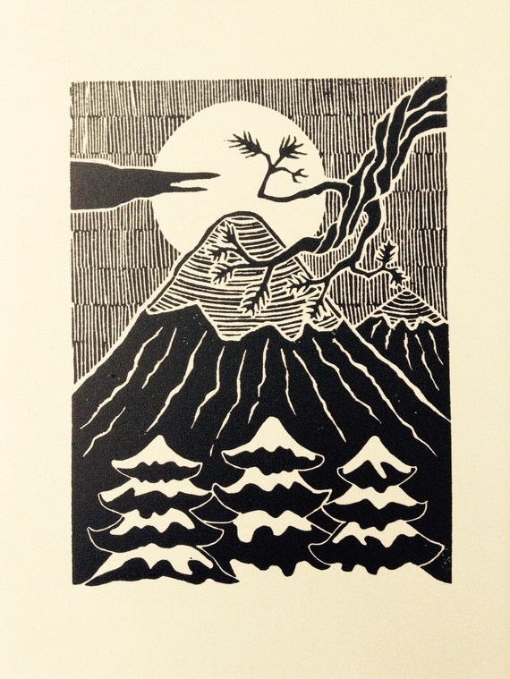 Handmade Original, Linoleum Block Print, Mountain Landscape 