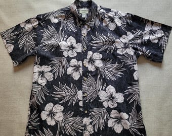 COOKE STREET Hawaiihemd Aloha Schwarzes Hawaiihemd Reverse Print Tropische Palme und Hibiskus 100% Baumwolle Herren Größe XL