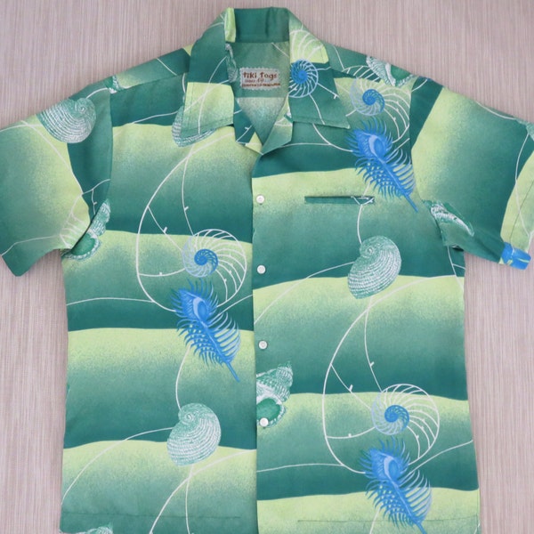 Vintage Hawaiian Shirt 70s Mens Size Large Handprinted Nautical Snail Seashell Aloha Shirt Made in Fiji TIKI TOGS Polynesian Shirt