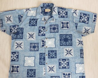 Mens Hawaiian Shirt EDDIE-D Island Inspired Tropical Tattoo Tribal Surfer Aloha Beach Bum Vintage Cotton Camp - 3XB - Oahu Lew's Shirt Shack