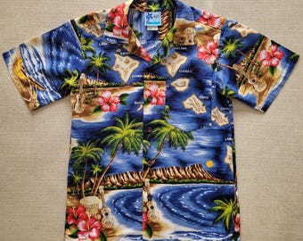 Jungen Hawaiihemd, LANGJC LTD HAWAII Hemd, Made in Hawaii, Kinder Aloha Hemd, Hawaii-Inseln Karte Ukulele Strand Hemd 100% Baumwolle Größe 10