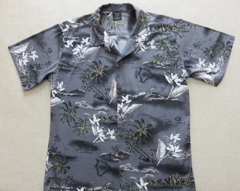 Hawaiian Shirt Men PALMWAVE Hawaii Shirt, Surfer Dude Aloha Shirt, Island Map Bird of Paradise 100% Cotton Camp Men's Size M