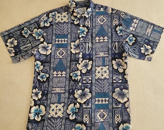 Vintage Hawaiian Shirt, LOCAL MOTION Aloha Shirt, Made in Hawaii,  1980s Hawaii Hibiscus Tiki Tropical Mens Cotton Camp, Size L