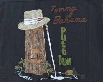 TOMMY BAHAMA Shirt Putt Daddy Tiki Golfer Black Embroidered Silk Shirt Copyrighted Golf Shirt Relax Fit Mens - XL - Oahu Lew's Shirt Shack