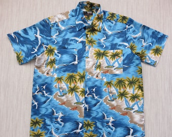 Vintage Hawaiian Shirt VAN CORT 70s Surfer Aloha Shirt Pacific Ocean Waves Sea Gulls Paradise Island Mens Camp - L - Oahu Lew's Shirt Shack