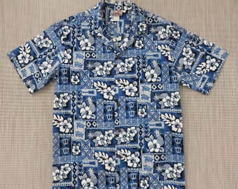 Mens Hawaiian Shirt EVERGREEN ISLAND Tiki Tropical Aloha Shirt Ukulele Turtle Mod Mosaic Tiles 100% Cotton Camp - L - Oahu Lew's Shirt Shack