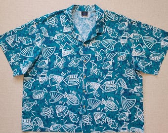 Hawaiihemd, Tropisches Fisch Aloha Hemd , TOUCAN DANCE Hawaii Hemd, Hergestellt in USA, 100% Baumwolle Herren Größe 2XLarge