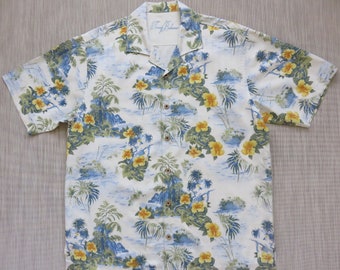 TOMMY BAHAMA Shirt Hawaiian Shirt Men Copyrighted Print Ukulele Island Princess Resort Wear 100% Silk Camp - L - Oahu Lew's Shirt Shack
