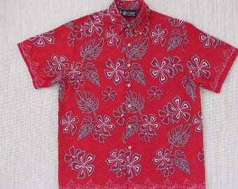 Hawaiian Shirt NORTH SHORE SURF Red Aloha Shirt Tropical Print Pop Art Flowers and Philodendron Leaves Mens - M - Oahu Lew's Shirt Shack