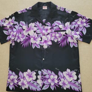 Hawaiian Shirt, Black Hawaii Aloha Shirt, Made in Hawaii, KALENA FASHIONS Hawaiian Shirt, Tropical Hawaii Flower Bands, Mens Size L