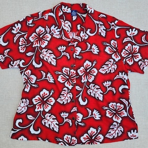 Women&#39;s Hawaiian Shirt HIBISCUS CONNECTION Aloha Top, Ladies Hawaii Blouse, Mod Funk Flower Print 100% Rayon Hawaii Blouse WOMAN Size M