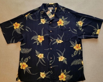 ORIGINAL ISLAND SPORT Hawaiihemd, Aloha Hawaiihemd Schwarz, Hibiskus Blume Herren 100% Rayon Camp, Herrengröße 2XL