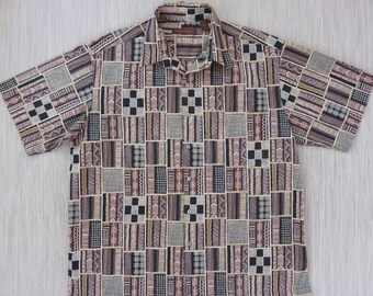 Mens Hawaiian Shirt TORI RICHARD Trippy Geometric Tiki Tribal Print Aloha Shirt Beach Wear 100% Cotton Lawn Camp -XL- Oahu Lew's Shirt Shack