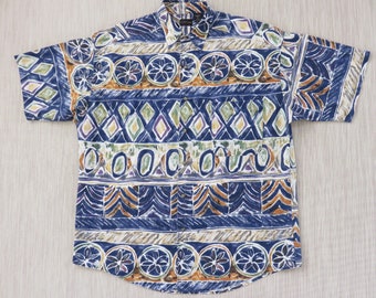 Hawaiian Shirt STRUCTURE Groovy Geometric Tiki Tribal Tropical Print Mod Hipster Aloha Shirt 100% Cotton Mens - L - Oahu Lew's Shirt Shack
