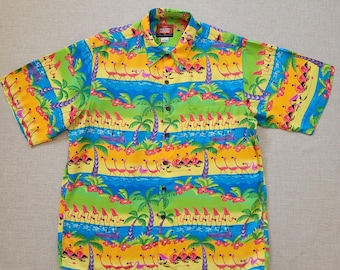 Disney REYN SPOONER Hawaiihemd, tanzende rosa Flamingos Fantasia 2000 "Karneval der Tiere", 100% Viskose, Made in Hawaii, Herren Gr. L