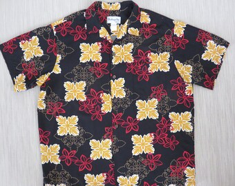 Hawaiian Shirt BISHOP ST. Vintage Aloha Shirt Surfer Mod Tiki Tribal Tattoo Plumeria Floral Print Mens Camp - XL - Oahu Lew's Shirt Shack