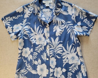 Camisa hawaiana de mujer, top hawaiano PINEAPPLE MOON, camisa tropical Hibiscus Aloha, blusa de dama hawaiana floral 100% SILK tamaño mediano