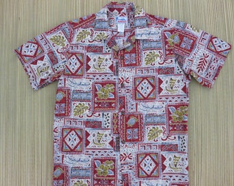 Hawaiian Shirt Men HAWAII Brand Aloha Shirt Vintage Tiki Tribal Turtles Outrigger Canoes Tropical Print Cotton - S - Oahu Lew's Shirt Shack