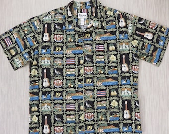 Hawaiian Shirt HOWIE Patriotic Hawaii State Landmarks Ukulele Aloha Shirt 100% Cotton Black Vintage Camp Mens - 3XL - Oahu Lew's Shirt Shack
