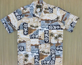 Hawaiian Shirt Men HAWAIIAN RESERVE COLLECTION Surfer Scene Aloha Beach Party Shirt Vintage 100% Cotton Camp - S - Oahu Lew's Shirt Shack