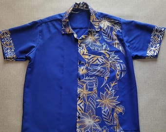 BLUE HAWAII Shirt Metallic Gold und Silber Tropical Hawaiian Print 100% Polyester Herrengröße 2XL