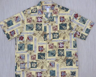 Hawaiian Shirt Men ALOHA LINE Ukulele Aloha Shirt Vintage Tiki Tribal Surfer Tropical Print 100% Cotton Camp - XL - Oahu Lew's Shirt Shack