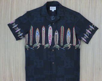 Hawaiian Shirt ROYAL HAWAIIAN CREATIONS Tiki Surfboards Turtles Surfer Aloha Shirt 100% Cotton Vintage Men Camp - S - Oahu Lew's Shirt Shack
