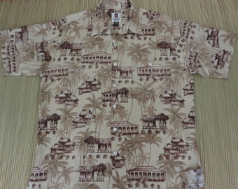 Vintage Hawaiian Shirt TORI RICHARD Asian Inspired Aloha Shirt Island Surfer Paradise Beach Huts Mens Camp - L - Oahu Le'w's Shirt Shack