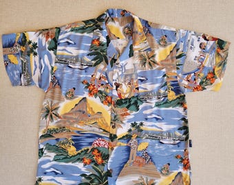 Vintage Hawaiihemd mit Flugzeugmotiv, Touristenprint, Pazifikblau, Herren XL