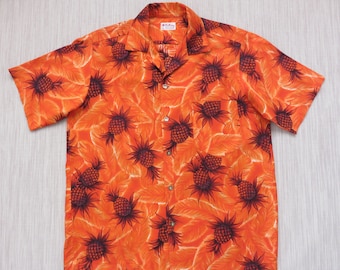 Vintage 1960&#39;s Hawaiian Shirt TINA FASHIONS 60s Aloha Shirt Rockabilly Pineapple Mod Orange Feathers 100% Cotton - M- Oahu Lew&#39;s Shirt Shack