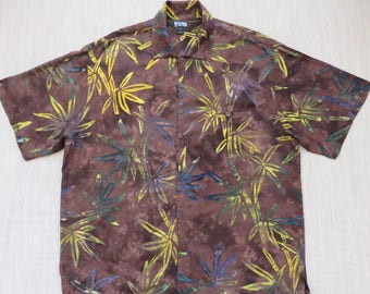 Hawaiian Shirt Men TROPICAL TANTRUM Hand Painted Bamboo Batik Print Aloha Shirt Brown Tribal Tiki Vintage Camp - 3XL- Oahu Lew's Shirt Shack